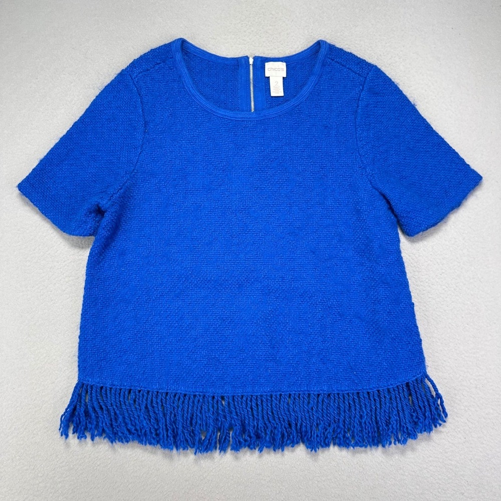 Chico's Sweater Womens L Cobalt Blue Wool Blend Fringe Short Sleeve